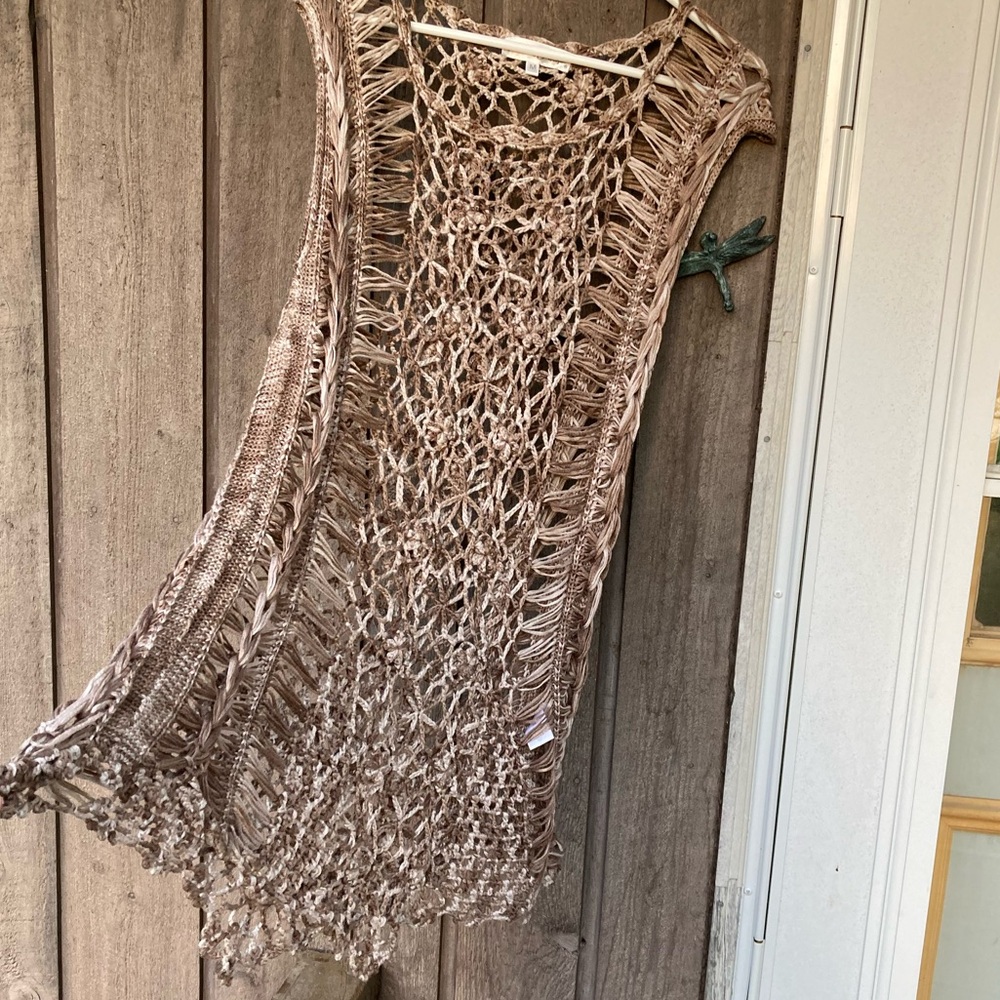 PRETTY ANGEL Top Boho Linen Tunic Coverup Dress  Cream Brown Gray Size Medium